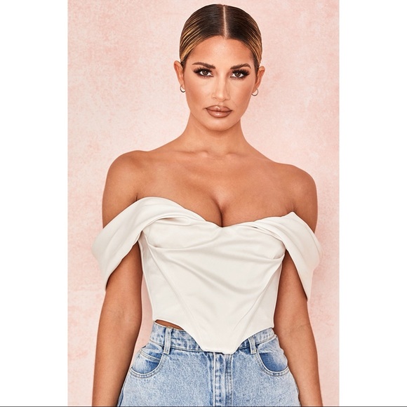 House of CB Silva Ivory Satin Draped Shoulder Corset Top - Picture 7 of 16